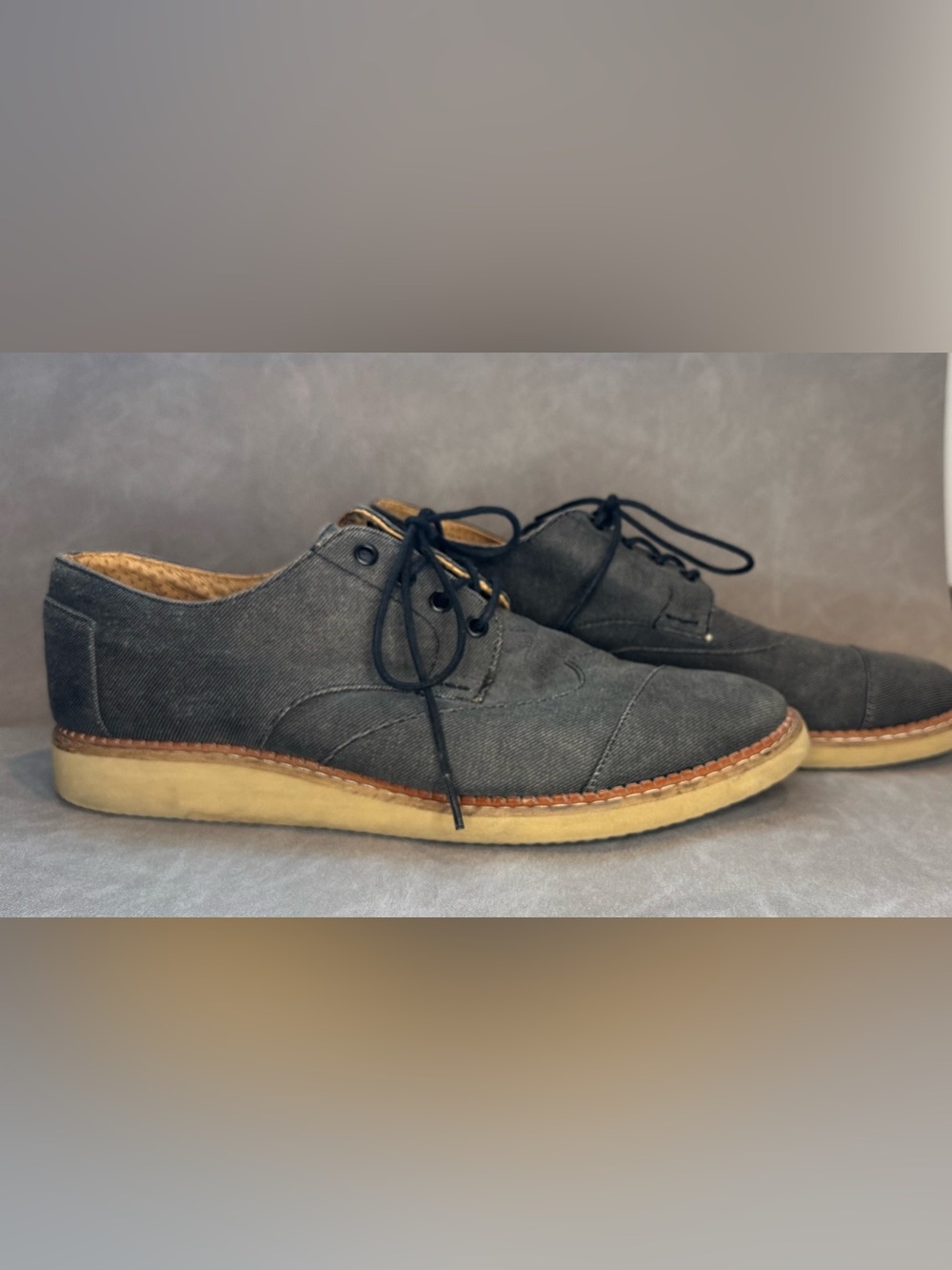 TOMS Men’s Brogue Wingtip Oxford Shoes Black Gray Chambray Lace Up Size 12
